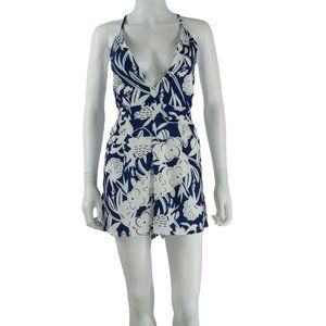Vintage Romper Swimsuit Blue White Tropical
